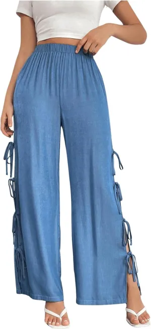 WDIRARA Women's Split Tie Side Elastic Waist Long Pants Straight Leg High Waist Trousers