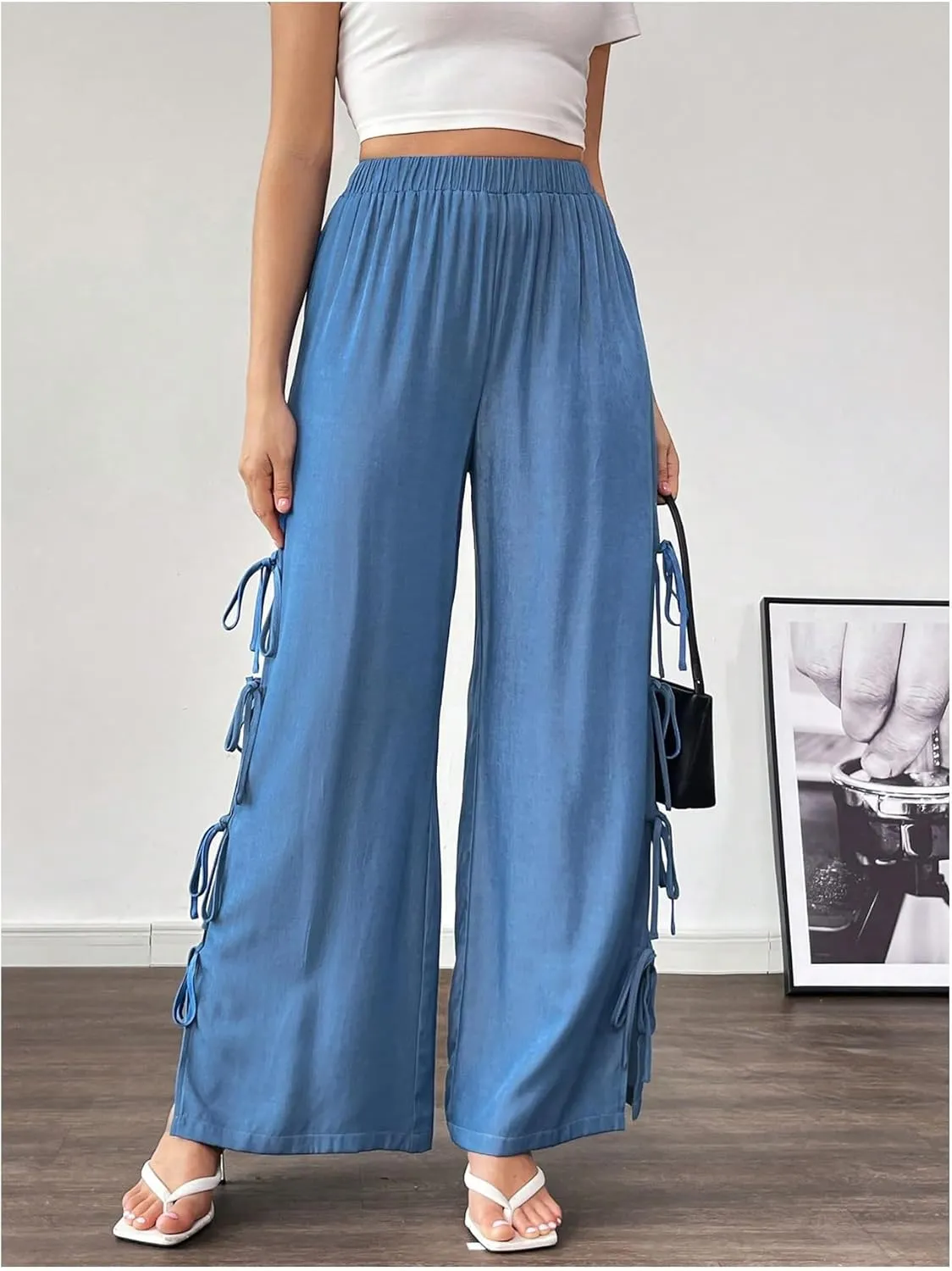 WDIRARA Women's Split Tie Side Elastic Waist Long Pants Straight Leg High Waist Trousers