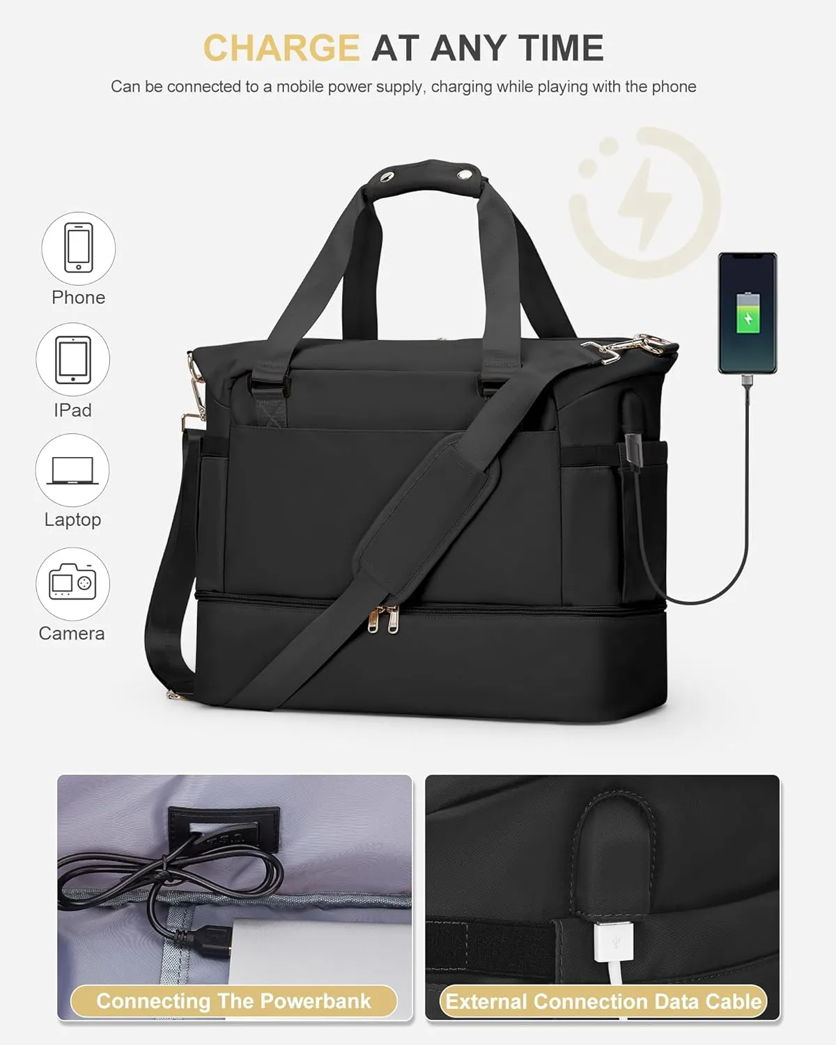 Weekender Bags for Women, Travel Duffel with Shoe Compartment USB Charging, Carry On Gym Duffle Bag with Wet Pocket, Personal Item Overnight Tote Bag for Airlines with Toiletry Bag, Black