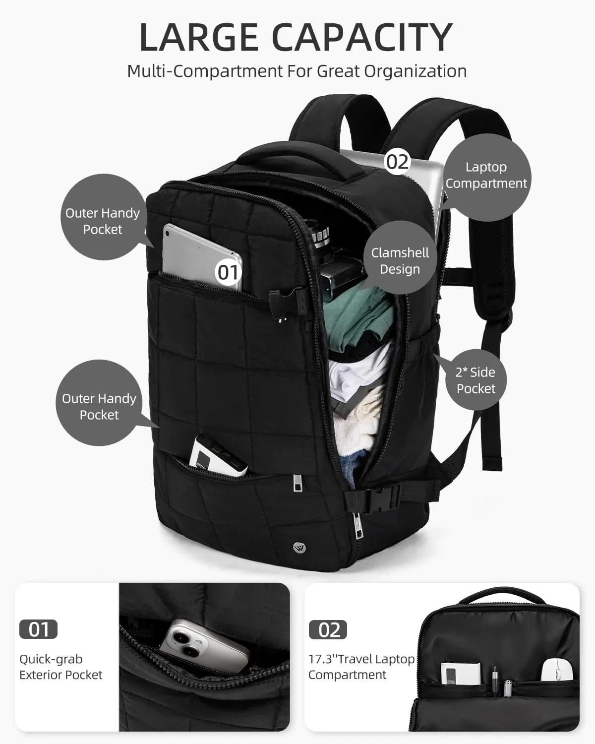 WESTBRONCO Travel Laptop Backpack for Women 17 inch Travel Backpack Carry on Flight Approved Puffy Travel Weekender Bags