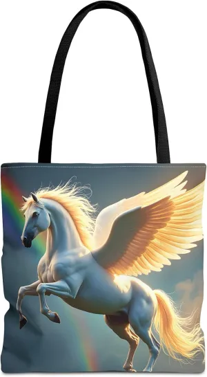 White Pegasus Tote Bag- Colorful Fantasy Art Beach Bag for Girls, Pretty Horse Reusable Shopping Bags, Fun Kids Travel Totes