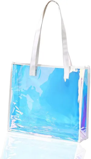 Woeoe Holographic Clear Tote Bag with Leather Handle Iridescent Beach Totes Shoulder Handbag for Women Summer Pool Party
