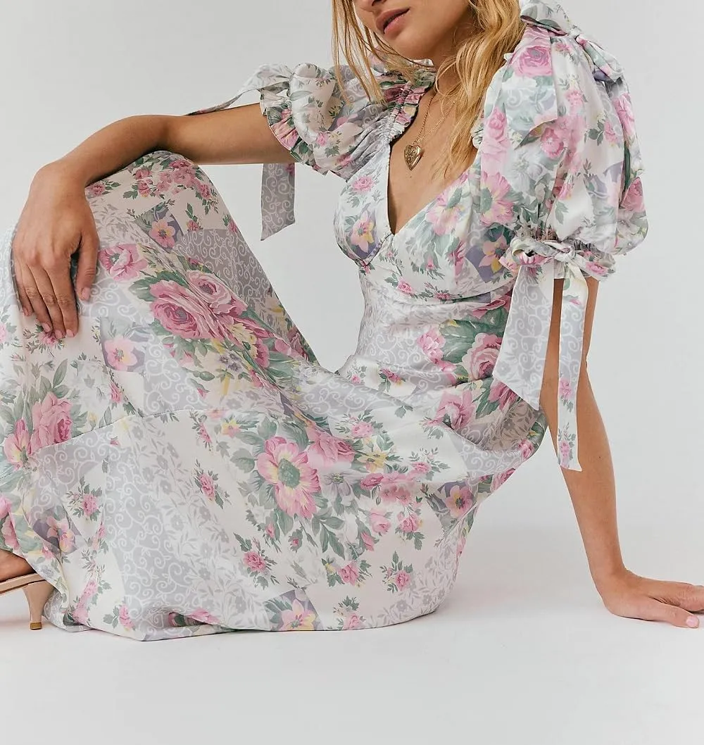 Woman Floral Puff Sleeve Maxi Dress Square Neck Ruffle Flowy Long Dresses Boho Tiered A Line Summer Sundress