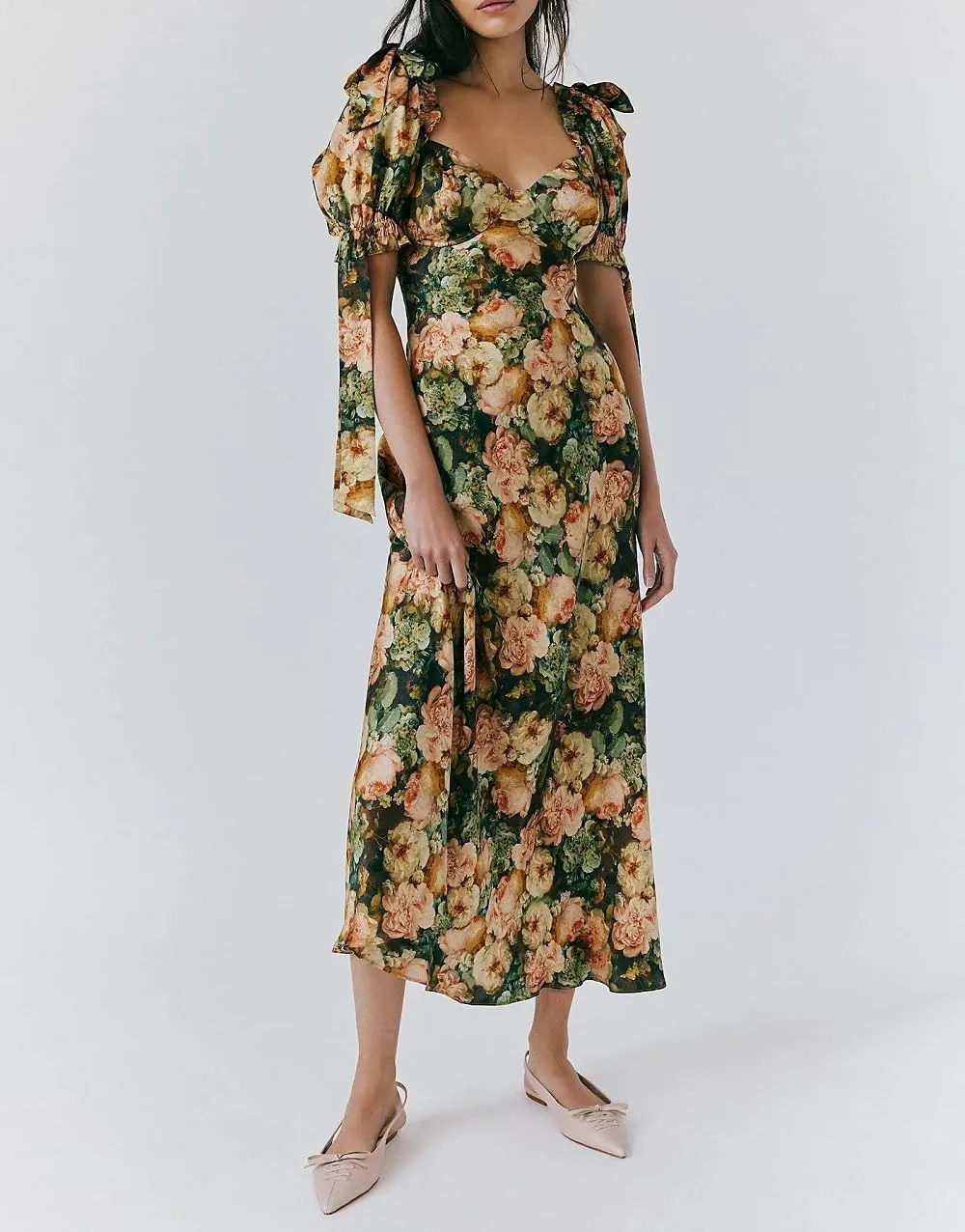 Woman Floral Puff Sleeve Maxi Dress Square Neck Ruffle Flowy Long Dresses Boho Tiered A Line Summer Sundress