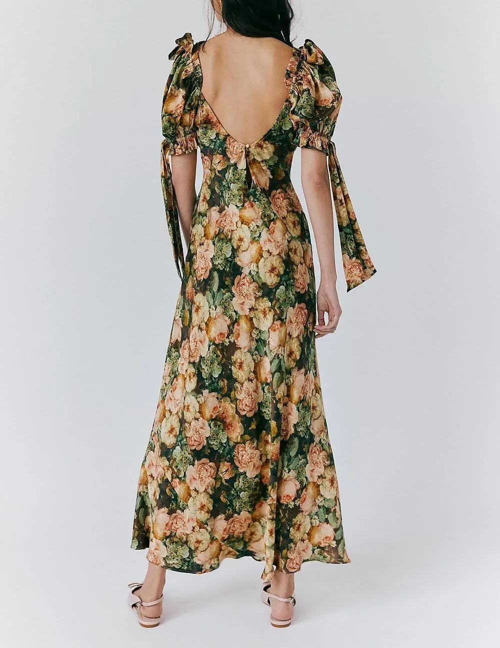 Woman Floral Puff Sleeve Maxi Dress Square Neck Ruffle Flowy Long Dresses Boho Tiered A Line Summer Sundress