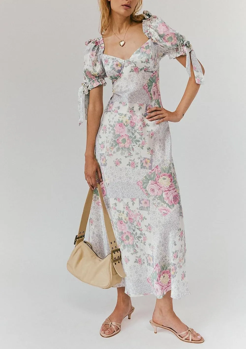 Woman Floral Puff Sleeve Maxi Dress Square Neck Ruffle Flowy Long Dresses Boho Tiered A Line Summer Sundress