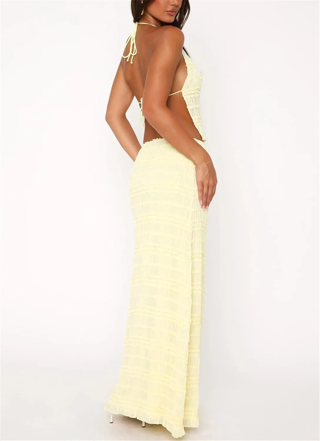 Women 2 Piece Chiffon Sets Shirred Halter Neck Tie-Up Tank Tops and Ruched Ruffle Maxi Skirt Streetwear