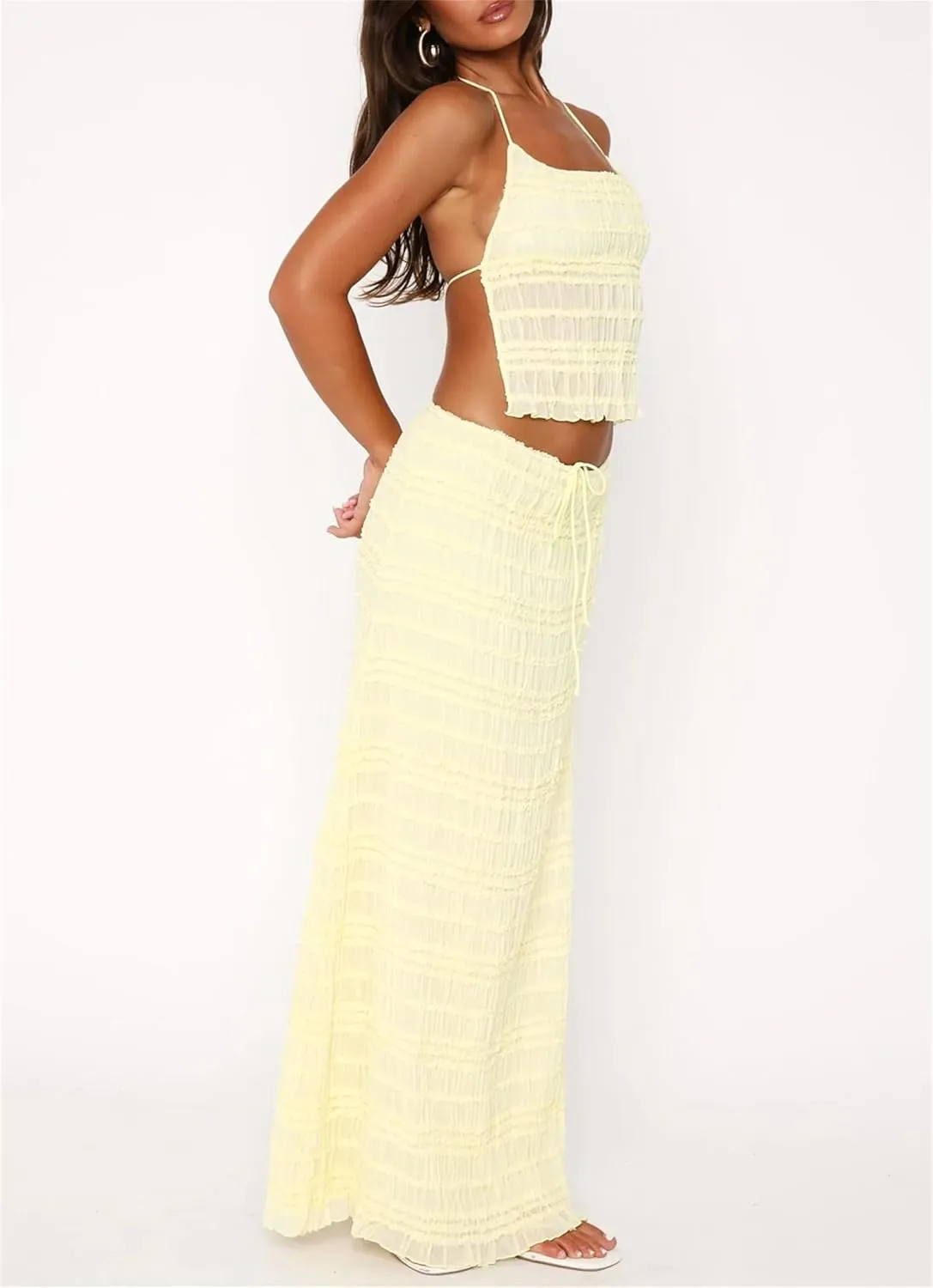 Women 2 Piece Chiffon Sets Shirred Halter Neck Tie-Up Tank Tops and Ruched Ruffle Maxi Skirt Streetwear