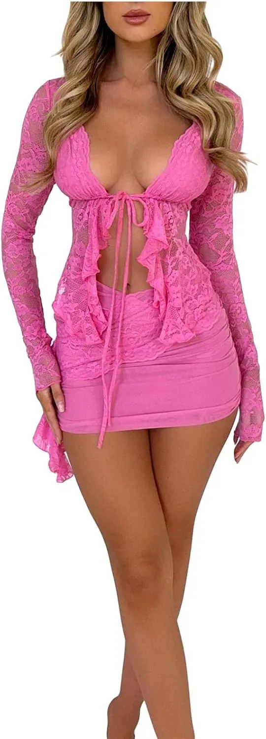 Women 2 Piece Lace Mini Skirt Set Sheer Mesh Tie Front Top Bodycon Short Skirt Matching Set Y2k Party Club Outfits