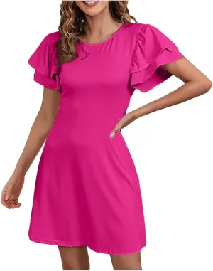 Women 2024 Summer Ruffle Edge Sleeve Dresses Floral Casual Beach Mini Dress with Pocket Trendy Basic Solid Dress