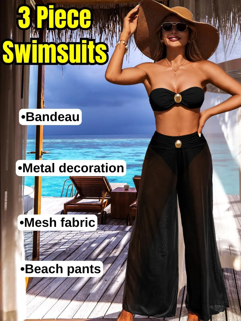 Women 3 Piece Sexy Swimsuit, Bandeau Strapless Bikini Set, Color Block High Waisted Bathing Suit Cover Up Pants Beach