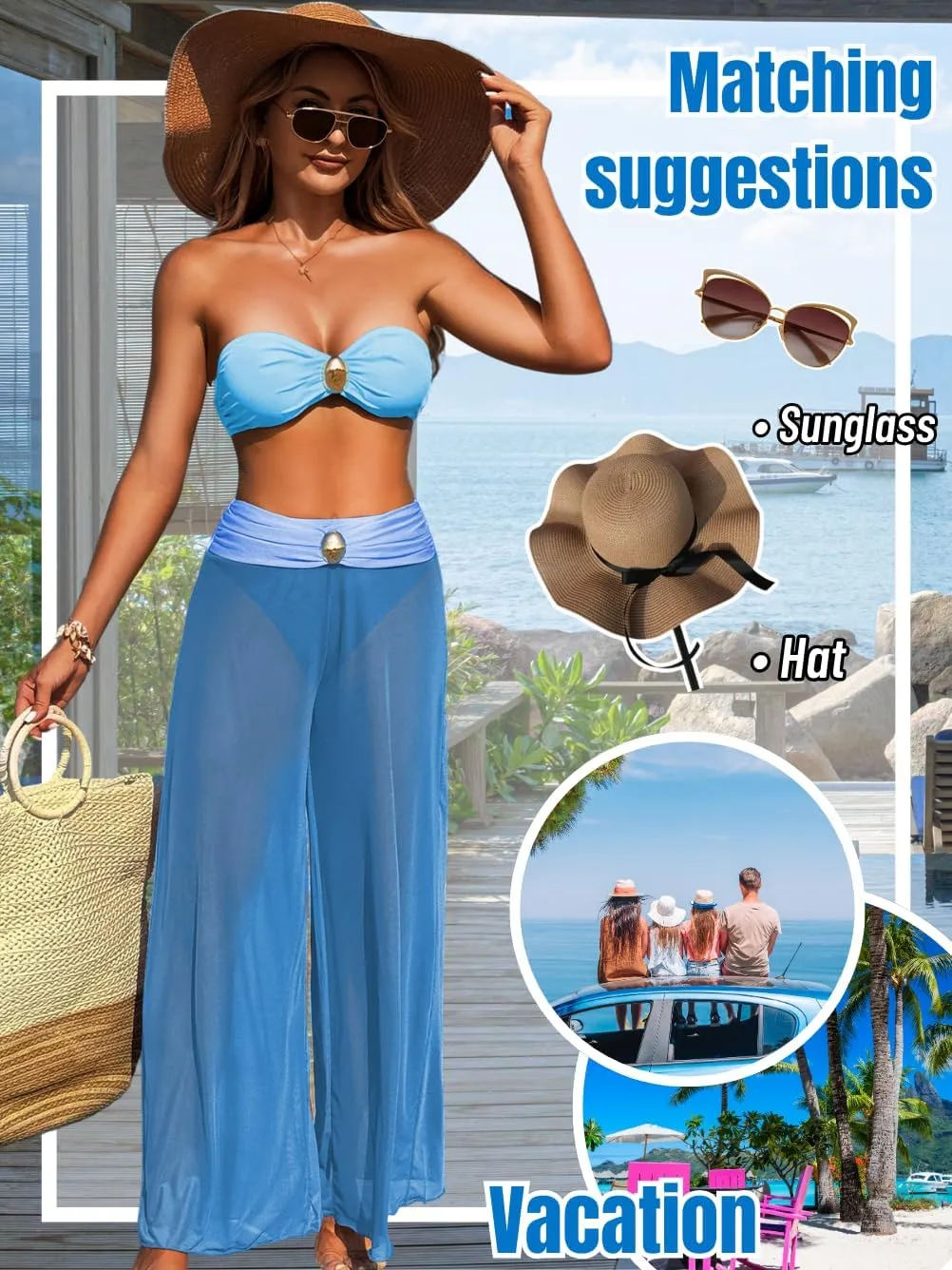 Women 3 Piece Sexy Swimsuit, Bandeau Strapless Bikini Set, Color Block High Waisted Bathing Suit Cover Up Pants Beach