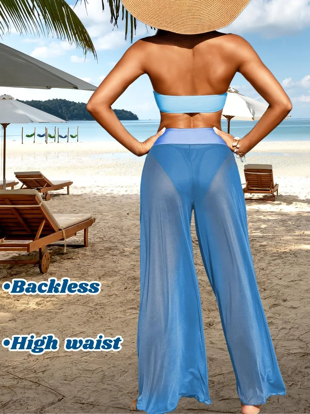 Women 3 Piece Sexy Swimsuit, Bandeau Strapless Bikini Set, Color Block High Waisted Bathing Suit Cover Up Pants Beach