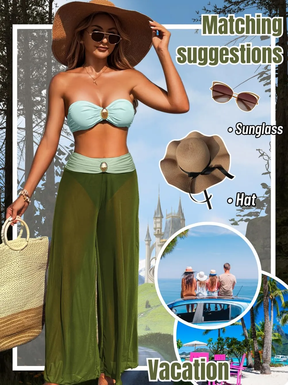 Women 3 Piece Sexy Swimsuit, Bandeau Strapless Bikini Set, Color Block High Waisted Bathing Suit Cover Up Pants Beach