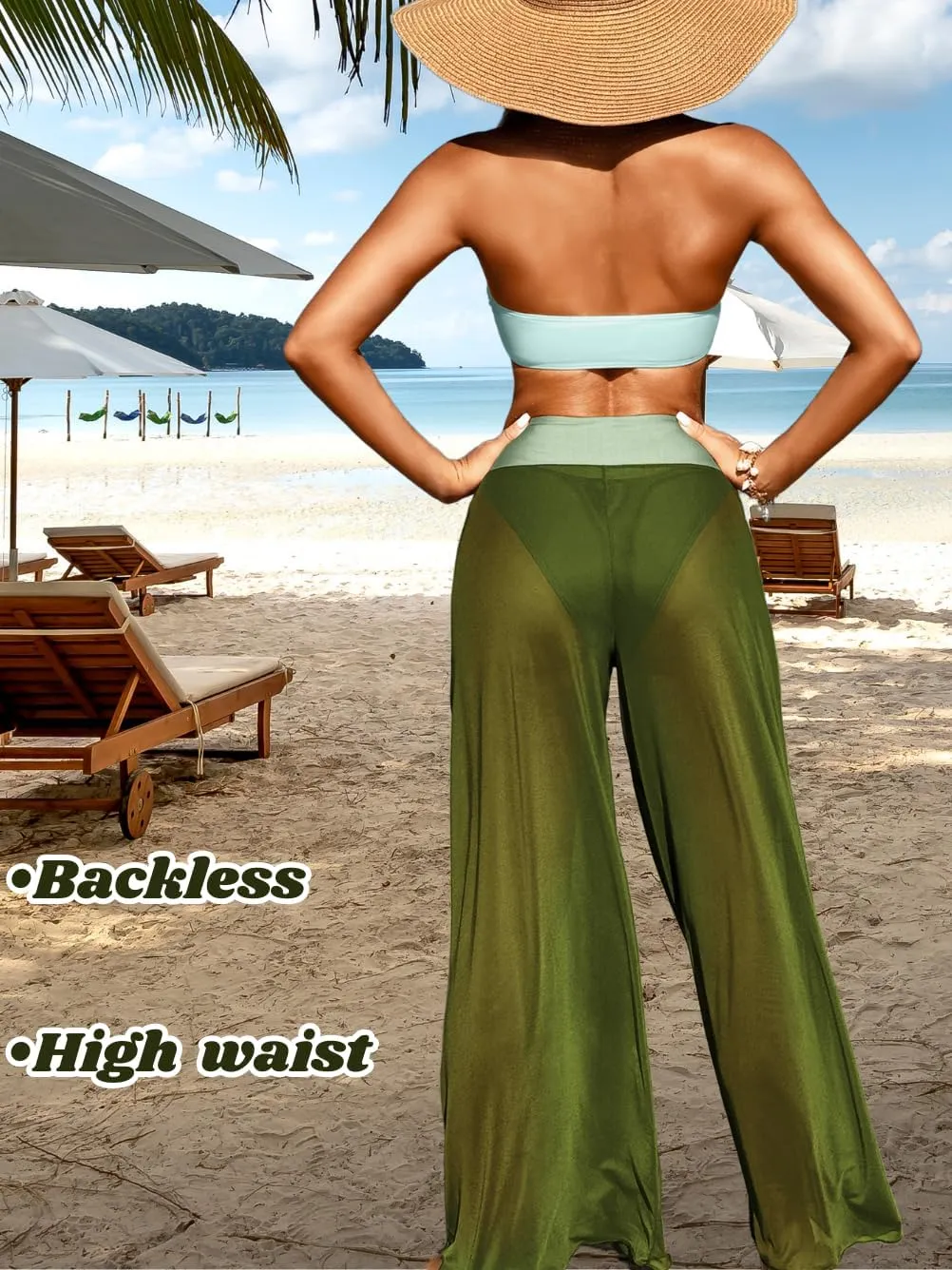 Women 3 Piece Sexy Swimsuit, Bandeau Strapless Bikini Set, Color Block High Waisted Bathing Suit Cover Up Pants Beach