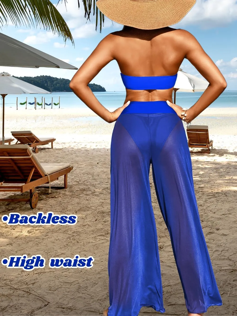 Women 3 Piece Sexy Swimsuit, Bandeau Strapless Bikini Set, Color Block High Waisted Bathing Suit Cover Up Pants Beach