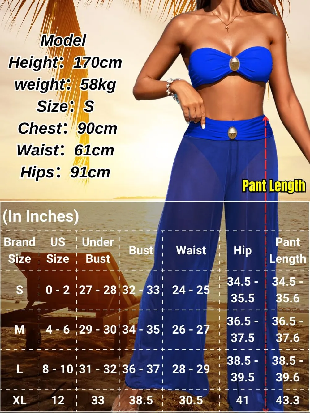 Women 3 Piece Sexy Swimsuit, Bandeau Strapless Bikini Set, Color Block High Waisted Bathing Suit Cover Up Pants Beach