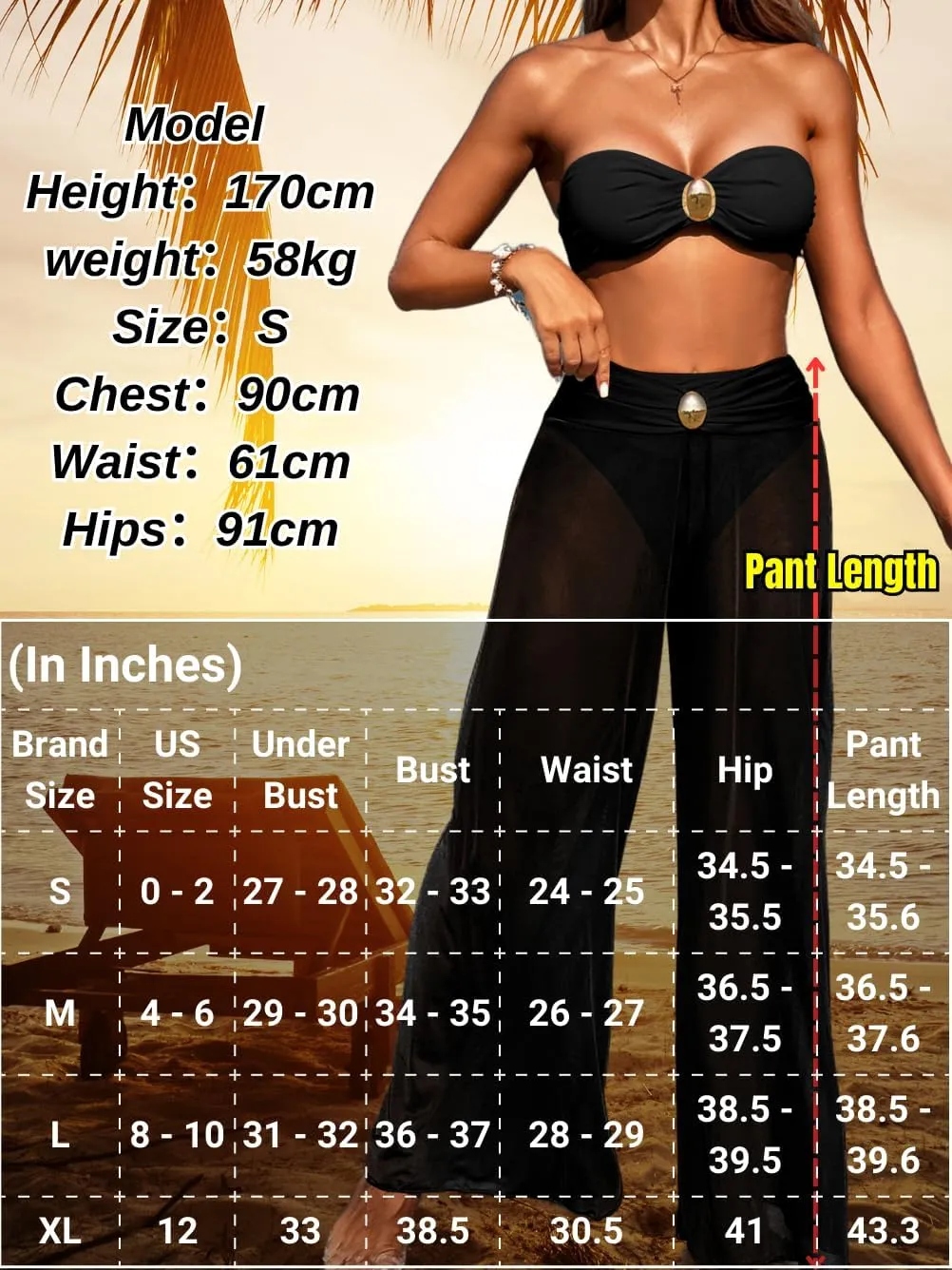 Women 3 Piece Sexy Swimsuit, Bandeau Strapless Bikini Set, Color Block High Waisted Bathing Suit Cover Up Pants Beach