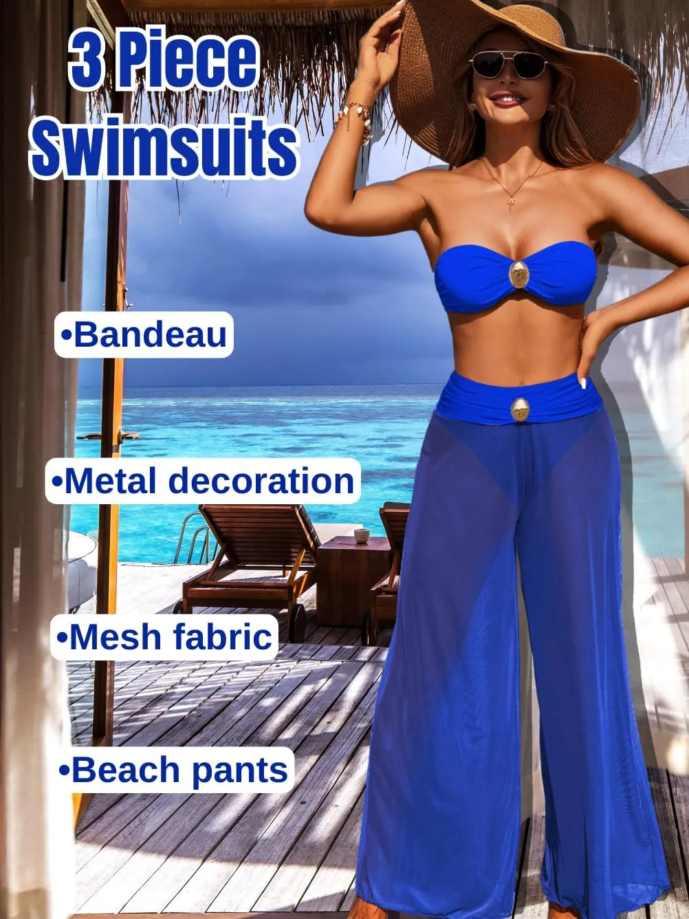 Women 3 Piece Sexy Swimsuit, Bandeau Strapless Bikini Set, Color Block High Waisted Bathing Suit Cover Up Pants Beach