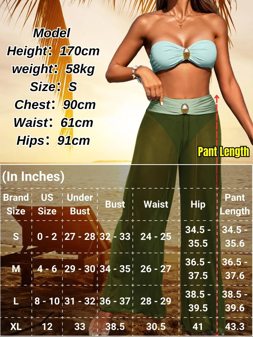 Women 3 Piece Sexy Swimsuit, Bandeau Strapless Bikini Set, Color Block High Waisted Bathing Suit Cover Up Pants Beach