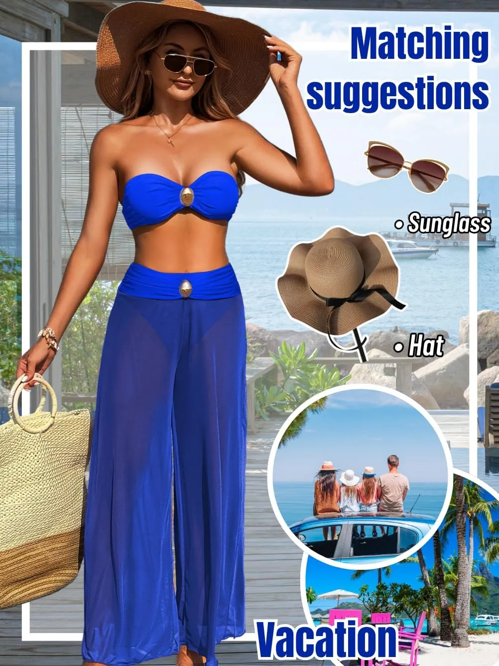 Women 3 Piece Sexy Swimsuit, Bandeau Strapless Bikini Set, Color Block High Waisted Bathing Suit Cover Up Pants Beach