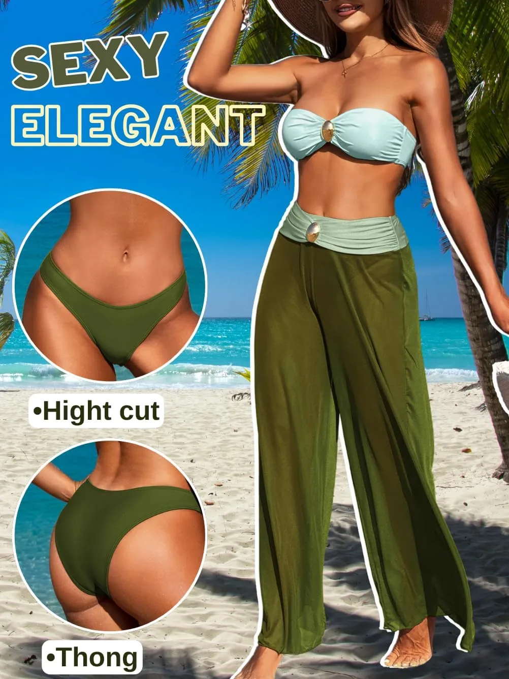 Women 3 Piece Sexy Swimsuit, Bandeau Strapless Bikini Set, Color Block High Waisted Bathing Suit Cover Up Pants Beach
