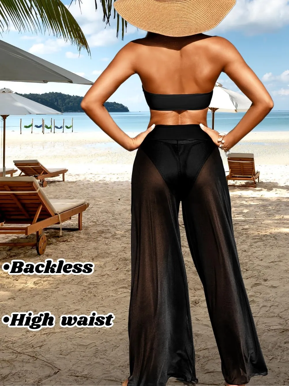 Women 3 Piece Sexy Swimsuit, Bandeau Strapless Bikini Set, Color Block High Waisted Bathing Suit Cover Up Pants Beach