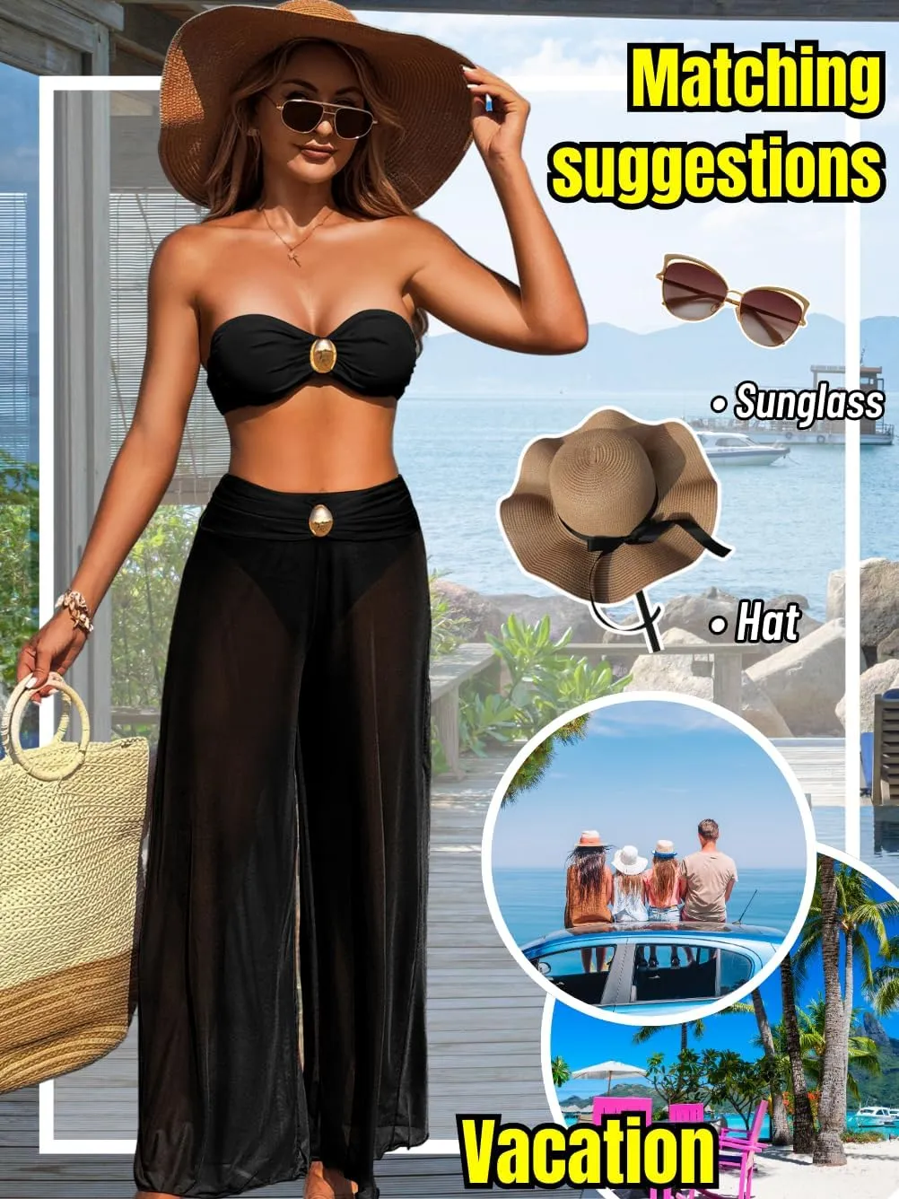 Women 3 Piece Sexy Swimsuit, Bandeau Strapless Bikini Set, Color Block High Waisted Bathing Suit Cover Up Pants Beach