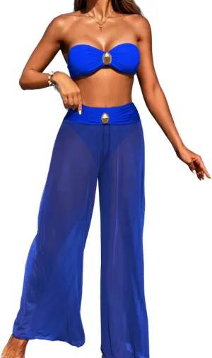 Women 3 Piece Sexy Swimsuit, Bandeau Strapless Bikini Set, Color Block High Waisted Bathing Suit Cover Up Pants Beach