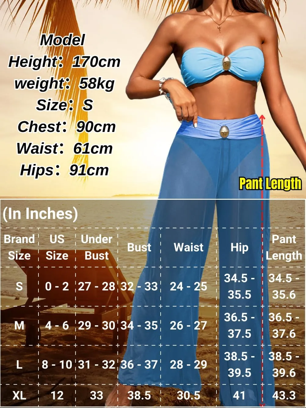 Women 3 Piece Sexy Swimsuit, Bandeau Strapless Bikini Set, Color Block High Waisted Bathing Suit Cover Up Pants Beach
