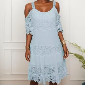 Women Boho Chiffon Cold Shoulder Midi Dress Spaghetti Strap Short Sleeve Lace Casual Flowy Beach Sun Dress