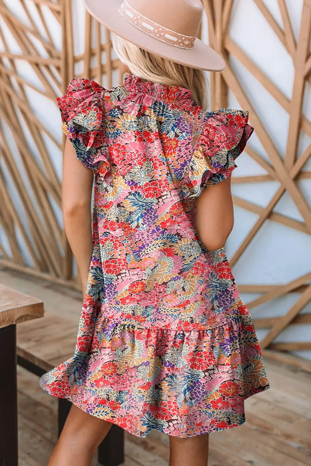 Women Boho Floral Drawstring V Neck Mini Dress 2023 Summer Ruffle Sleeveless Casual Beach Flowy Sun Dresses