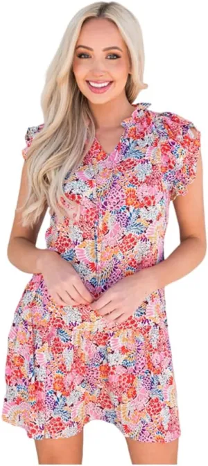 Women Boho Floral Drawstring V Neck Mini Dress 2023 Summer Ruffle Sleeveless Casual Beach Flowy Sun Dresses