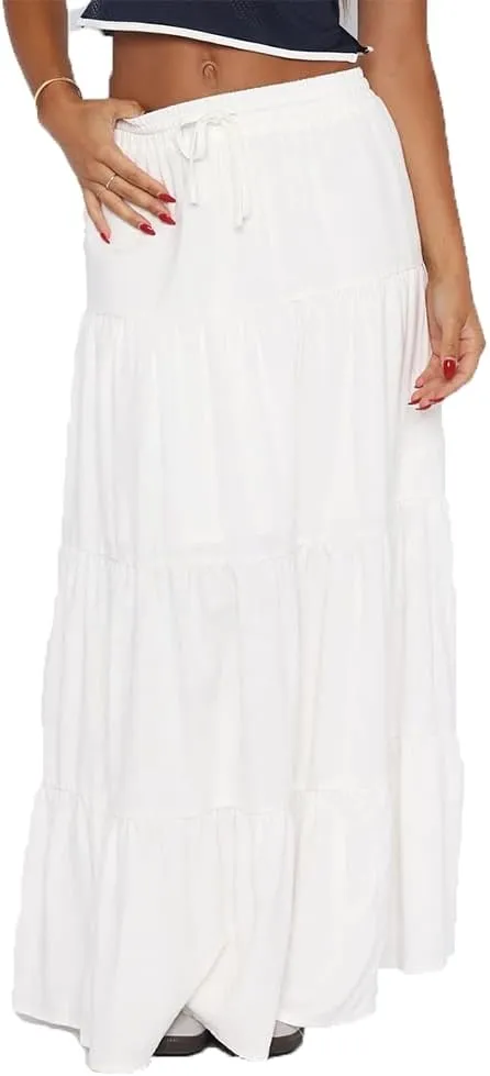 Women Boho Long Skirt Y2k Elastic High Waist Ruffle Pleated Swing Maxi Skirt Casual Tiered Prairie Flowy Aline Skirt
