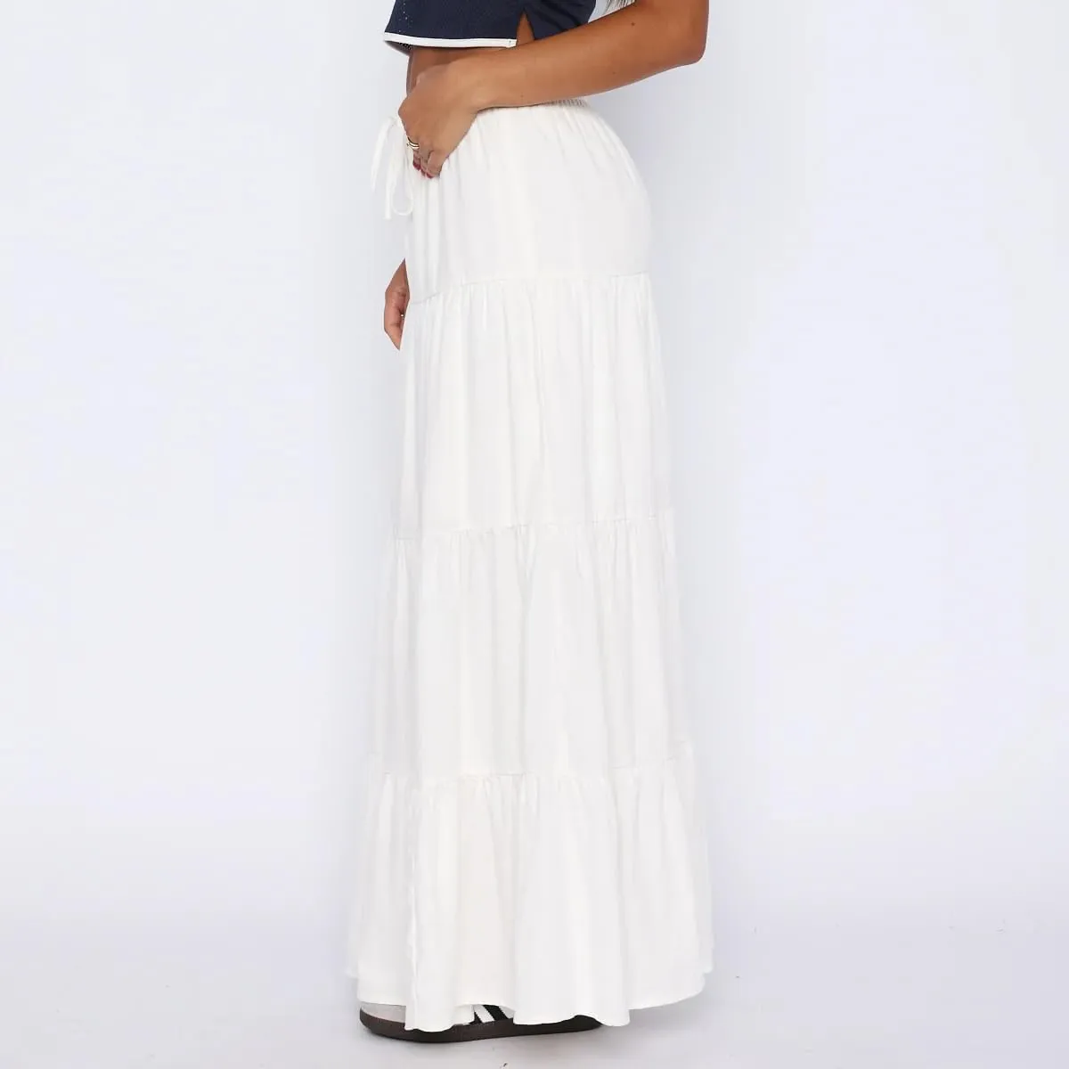 Women Boho Long Skirt Y2k Elastic High Waist Ruffle Pleated Swing Maxi Skirt Casual Tiered Prairie Flowy Aline Skirt