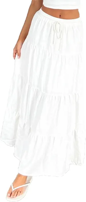 Women Boho Long Skirt Y2k Elastic High Waist Ruffle Pleated Swing Maxi Skirt Casual Tiered Prairie Flowy Aline Skirt