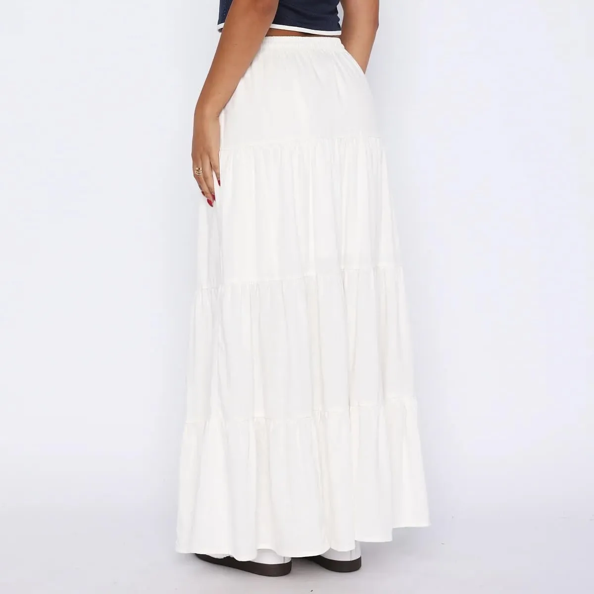 Women Boho Long Skirt Y2k Elastic High Waist Ruffle Pleated Swing Maxi Skirt Casual Tiered Prairie Flowy Aline Skirt