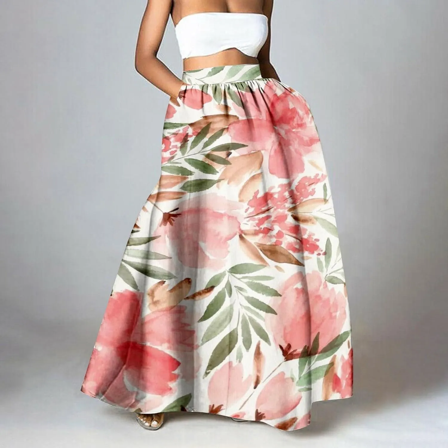Women Casual Boho Floral Maxi Skirt Elastic High Waist Tiered Pleated Flowy Long Summer Beach Skirt