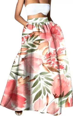 Women Casual Boho Floral Maxi Skirt Elastic High Waist Tiered Pleated Flowy Long Summer Beach Skirt