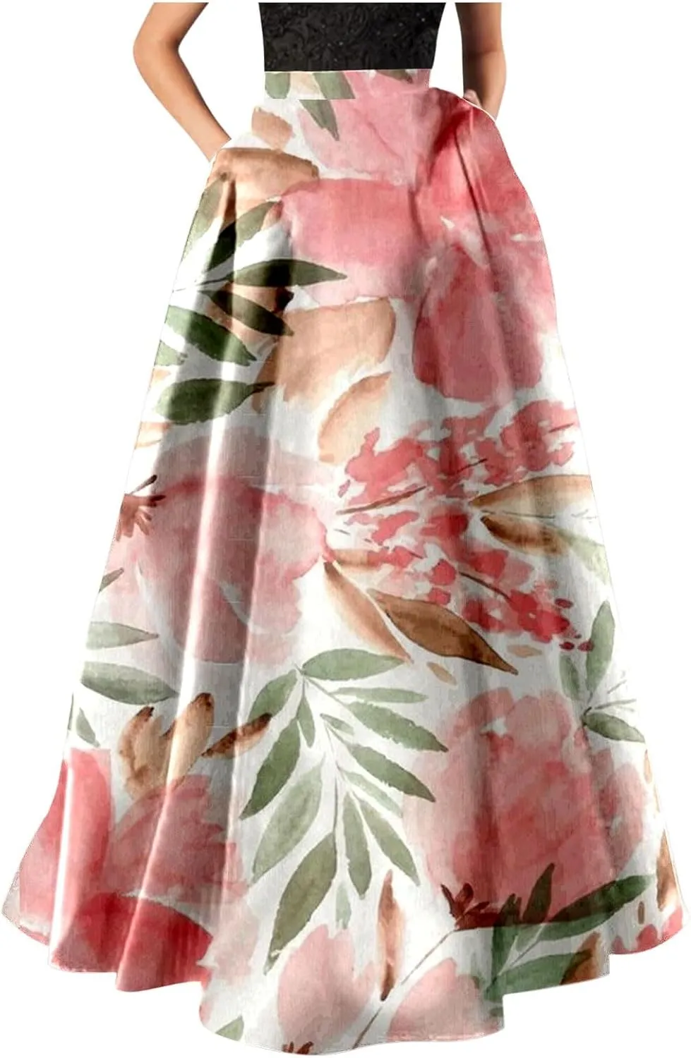 Women Casual Boho Floral Maxi Skirt Elastic High Waist Tiered Pleated Flowy Long Summer Beach Skirt
