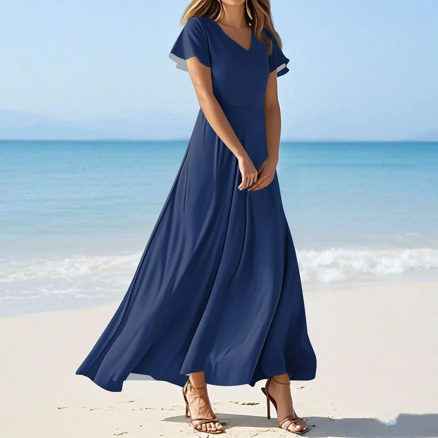 Women Casual Loose Bohemian Floral Dress Short Sleeve A Line Flowy Long Maxi Summer Beach Swing Wedding Guest Dress