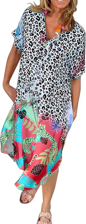 Women Casual Loose Sundress V Neck Short Maxi Long Beach Shirt Dress Travel Vacation Boho Dresses 2024 Summer Outfits