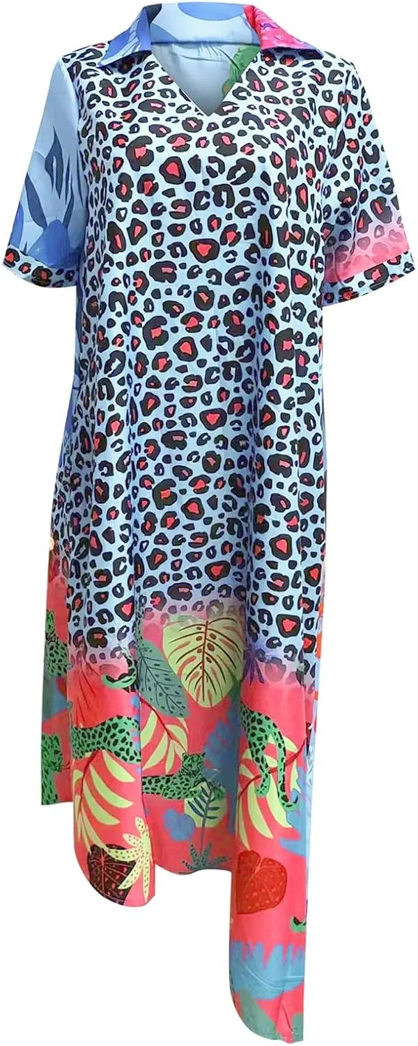 Women Casual Loose Sundress V Neck Short Maxi Long Beach Shirt Dress Travel Vacation Boho Dresses 2024 Summer Outfits