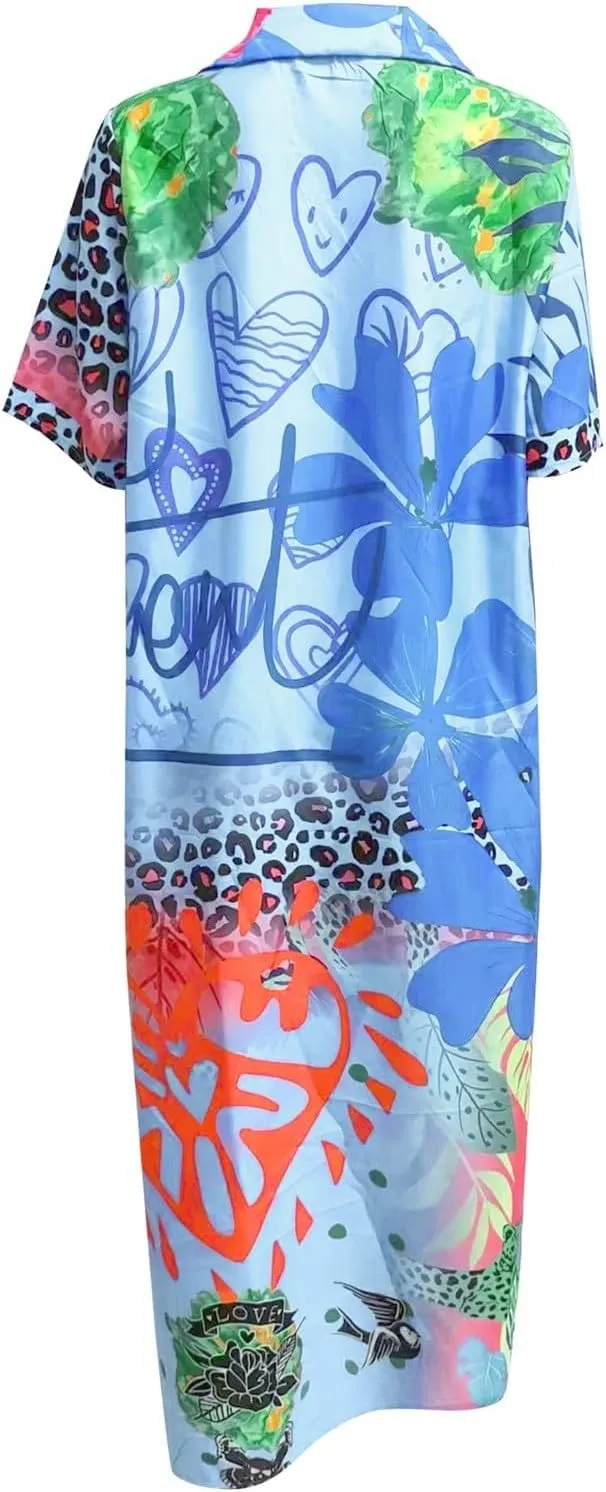 Women Casual Loose Sundress V Neck Short Maxi Long Beach Shirt Dress Travel Vacation Boho Dresses 2024 Summer Outfits