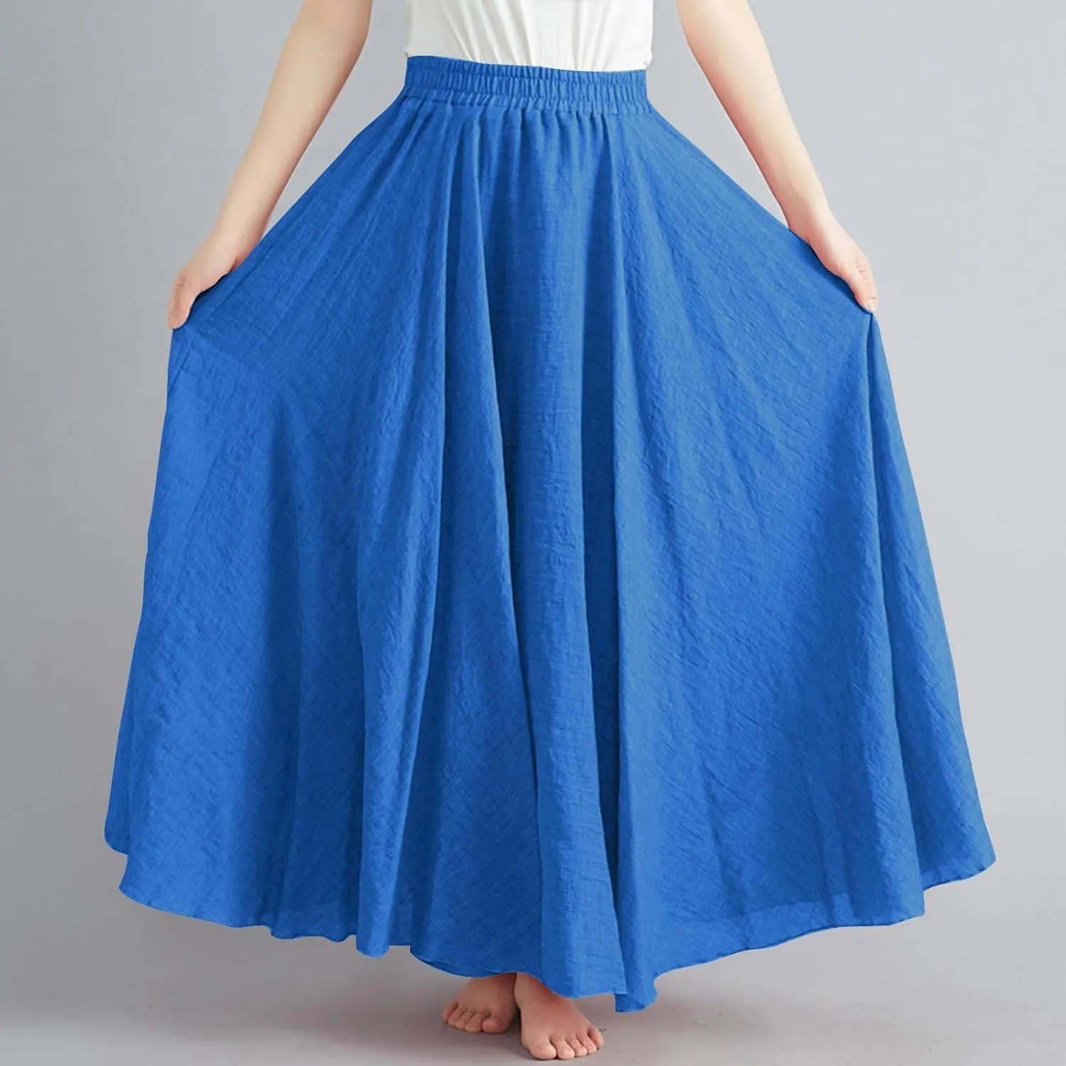 Women Casual Maxi Skirt Flowy Plus Size Elastic Waist High Waisted Swing Hem Swing Solid Color A Line Skirts