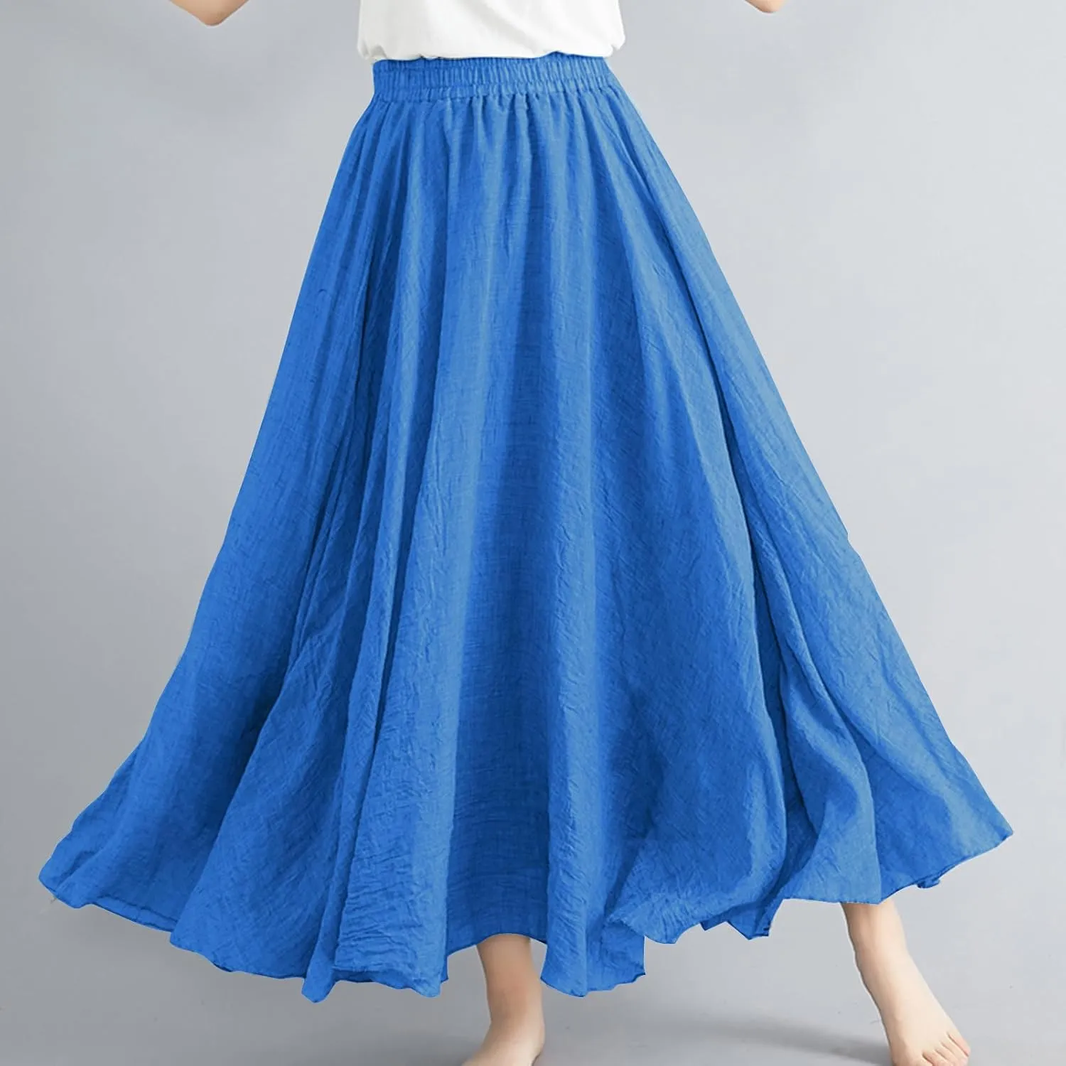 Women Casual Maxi Skirt Flowy Plus Size Elastic Waist High Waisted Swing Hem Swing Solid Color A Line Skirts