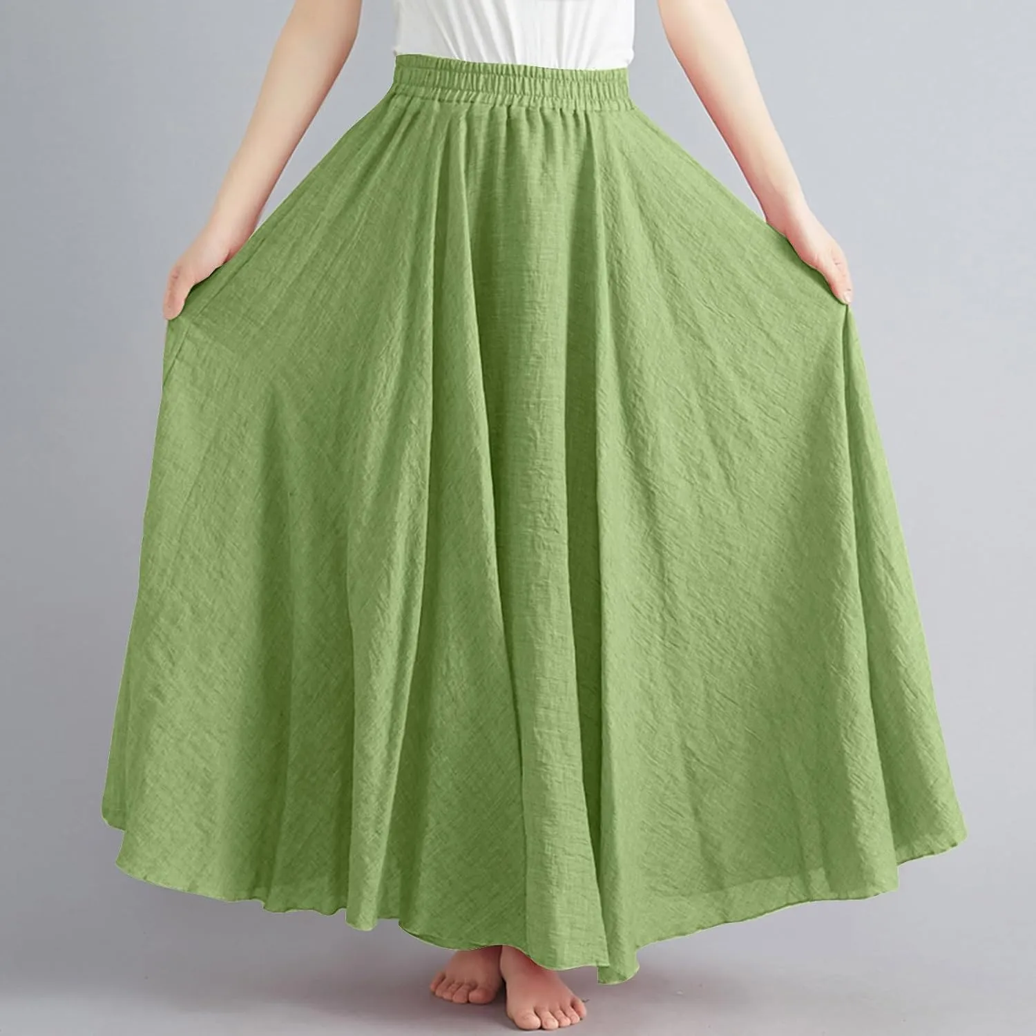 Women Casual Maxi Skirt Flowy Plus Size Elastic Waist High Waisted Swing Hem Swing Solid Color A Line Skirts