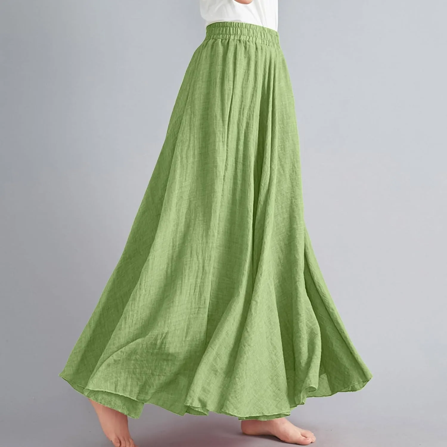 Women Casual Maxi Skirt Flowy Plus Size Elastic Waist High Waisted Swing Hem Swing Solid Color A Line Skirts