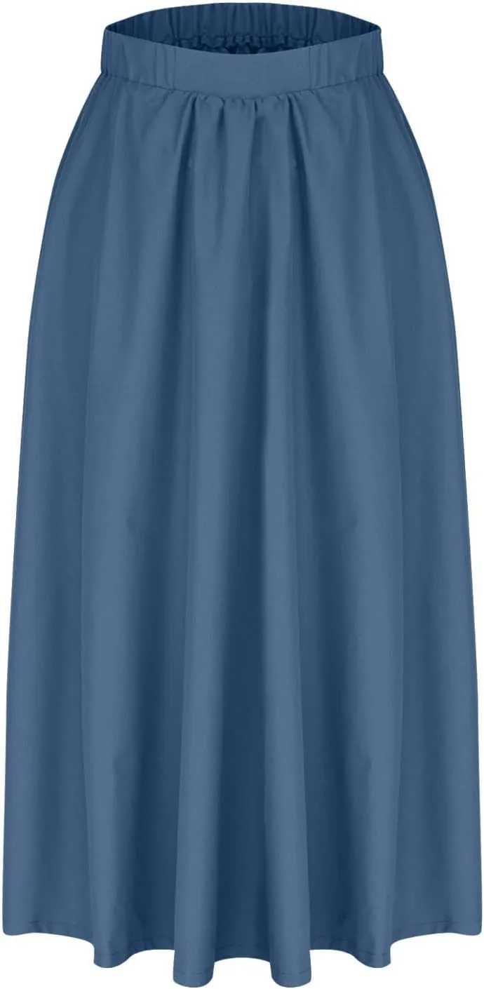 Women Casual Midi Skirt Summer Business Pleated Skirts Elastic High Waist Flowy A Line Dress Beach Vacation Clothes