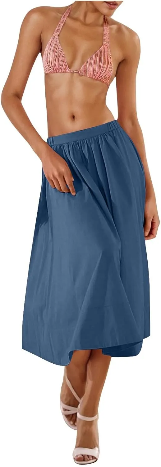 Women Casual Midi Skirt Summer Business Pleated Skirts Elastic High Waist Flowy A Line Dress Beach Vacation Clothes
